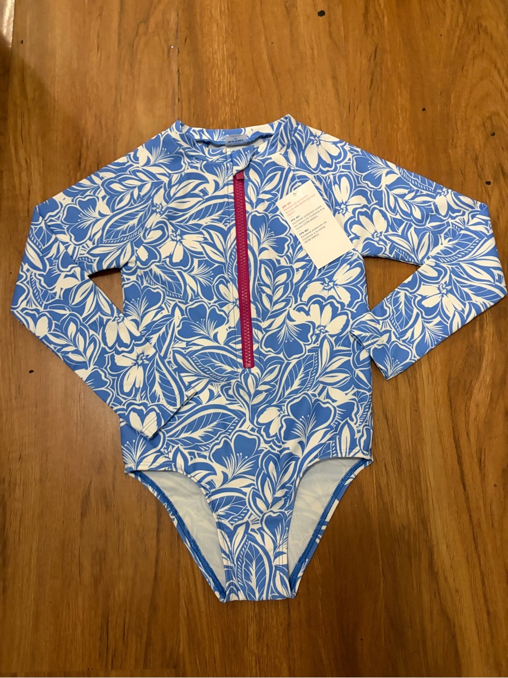Old Navy Blue & White Floral Zip-Front Rash Guard with Pink Zipper NWT